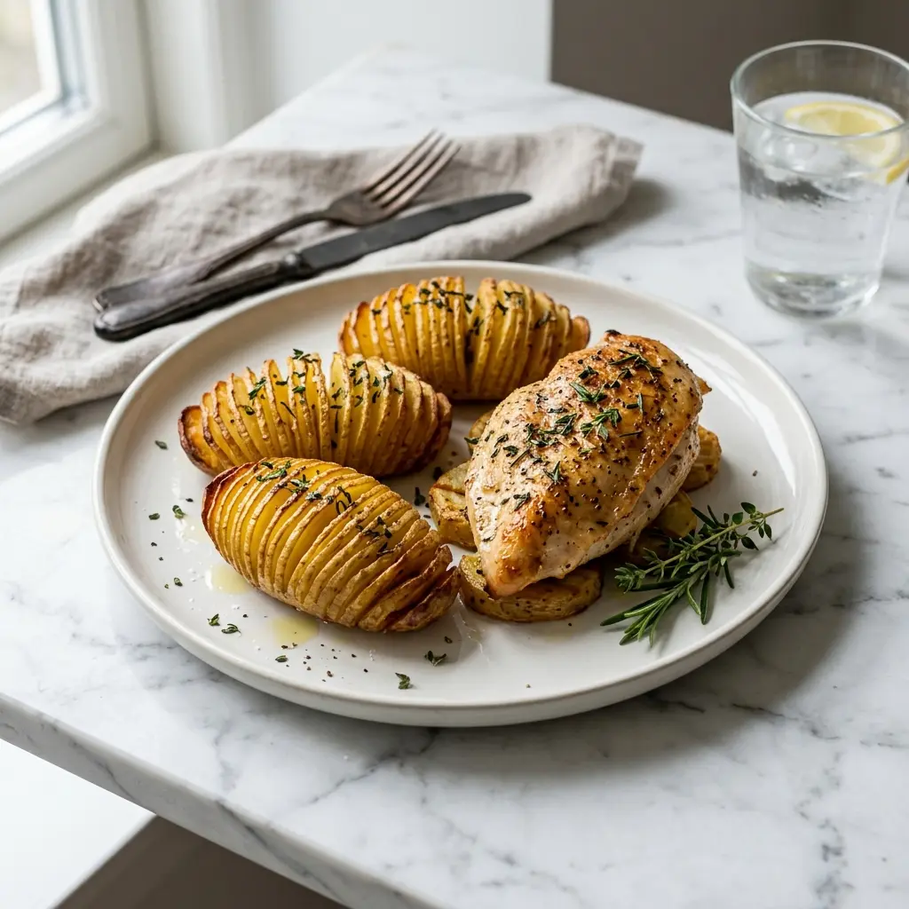 チキンとハッセルバックポテト添えの完成料理写真