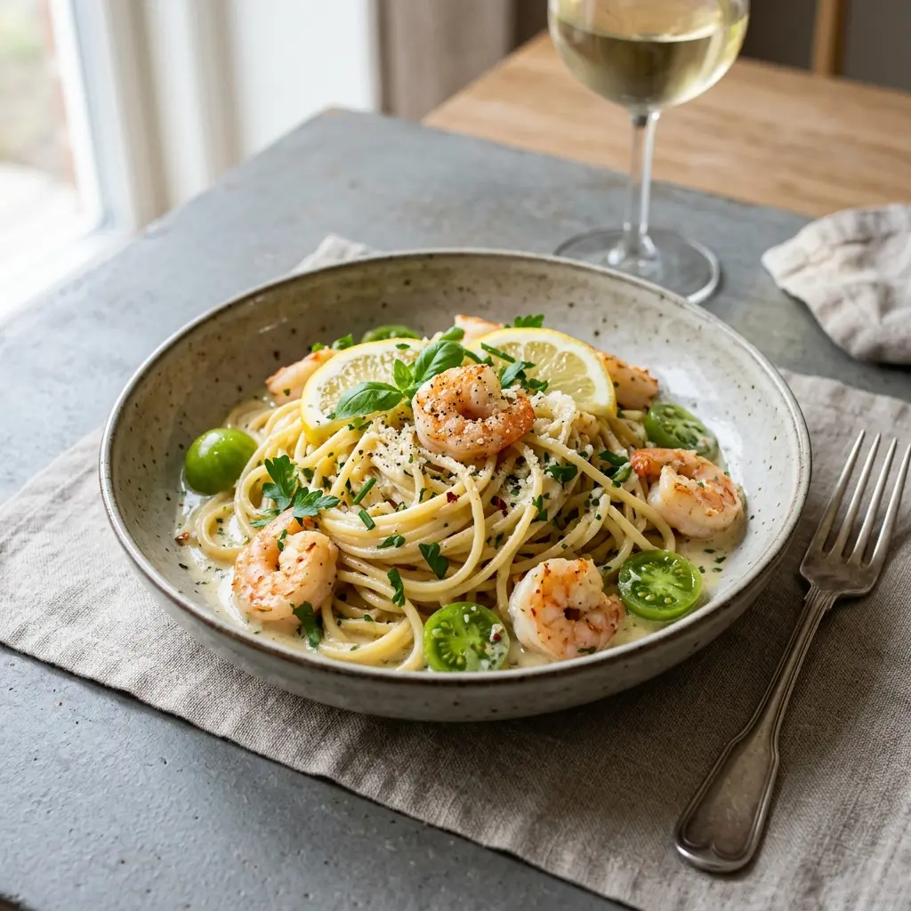 海老と白ワインソースのパスタの完成料理写真