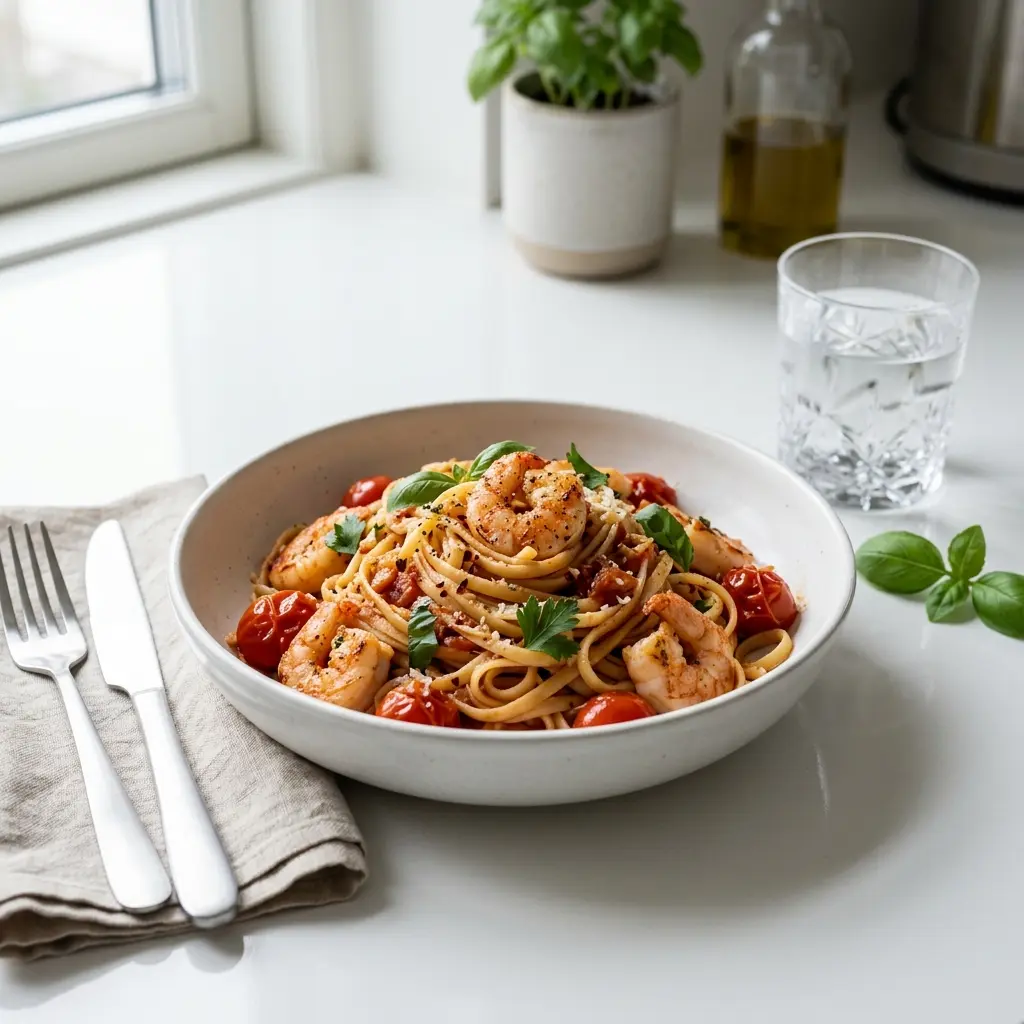 エビとトマトのパスタの完成料理写真