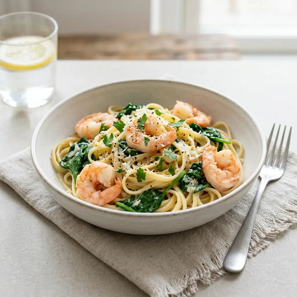 エビとほうれん草のパスタの完成料理写真