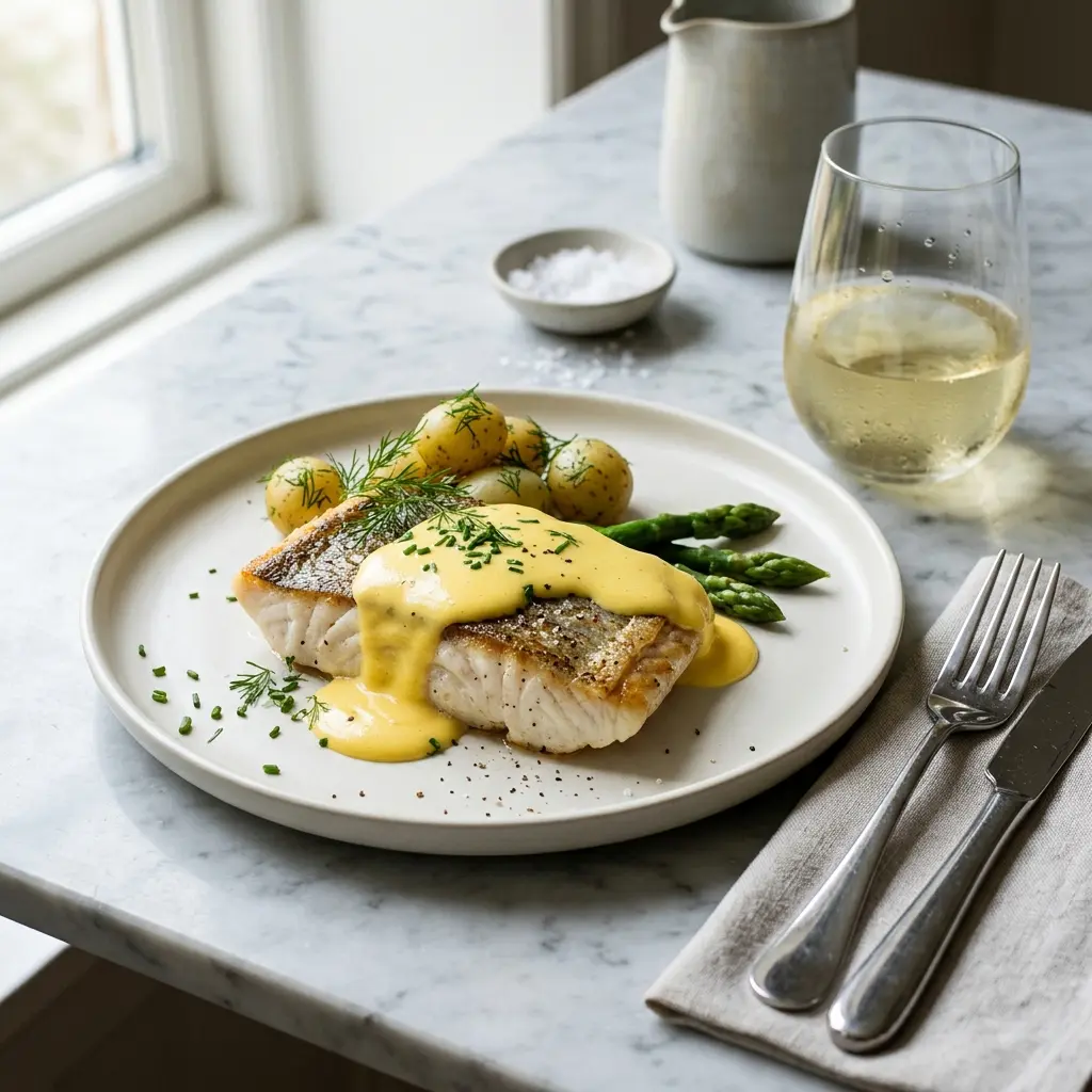 イシビラメのオランデーズソース添えの完成料理写真