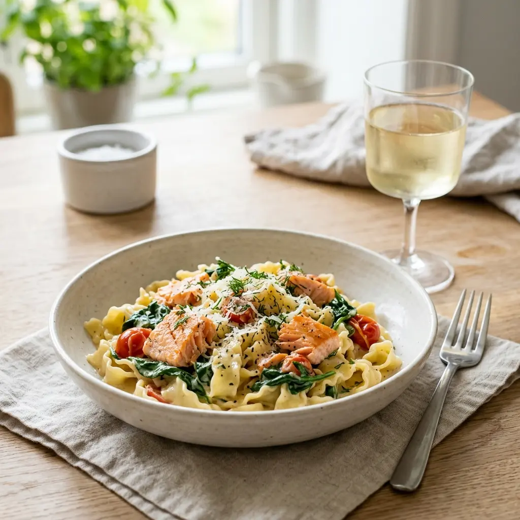 サーモンとほうれん草のパスタの完成料理写真