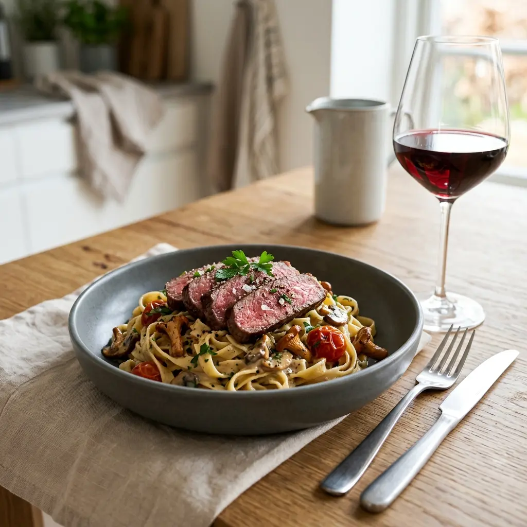 ステーキ入りパスタの完成料理写真