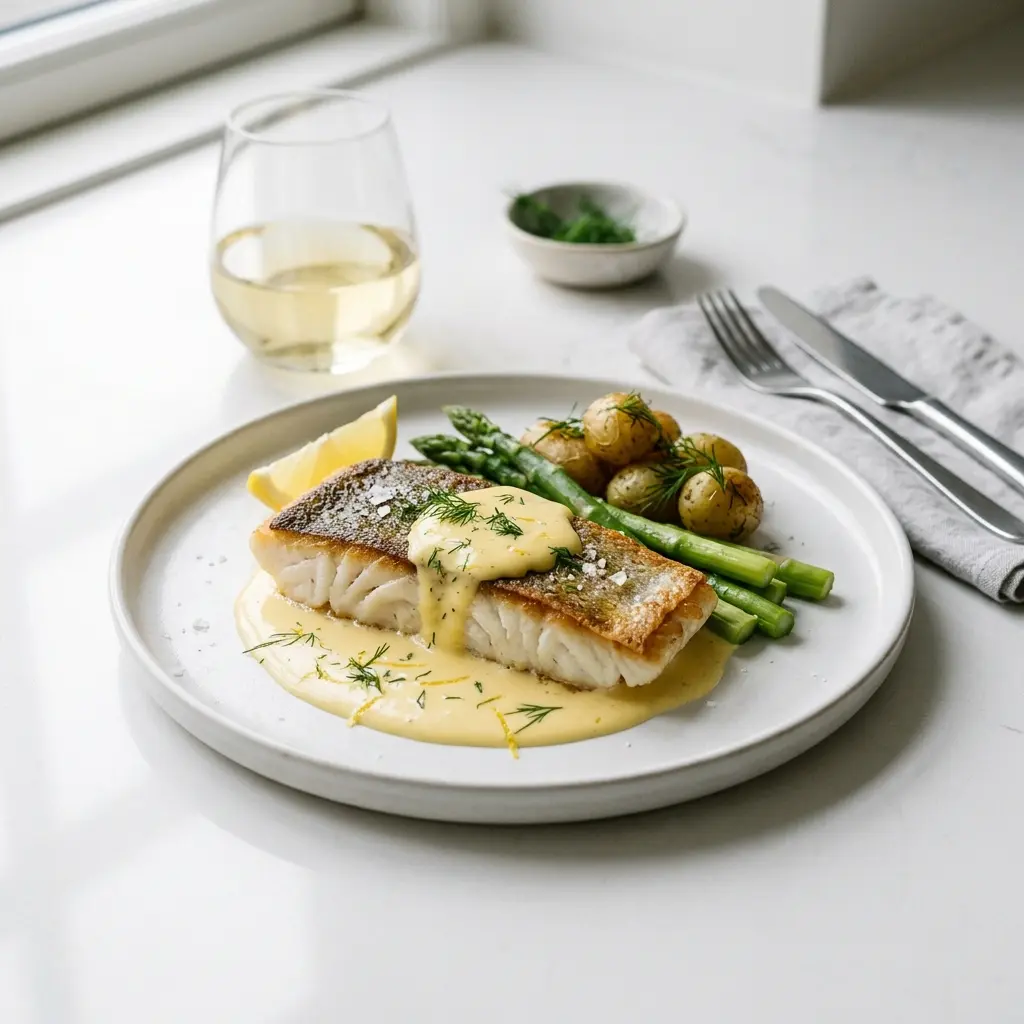 タラのオランデーズソース添えの完成料理写真