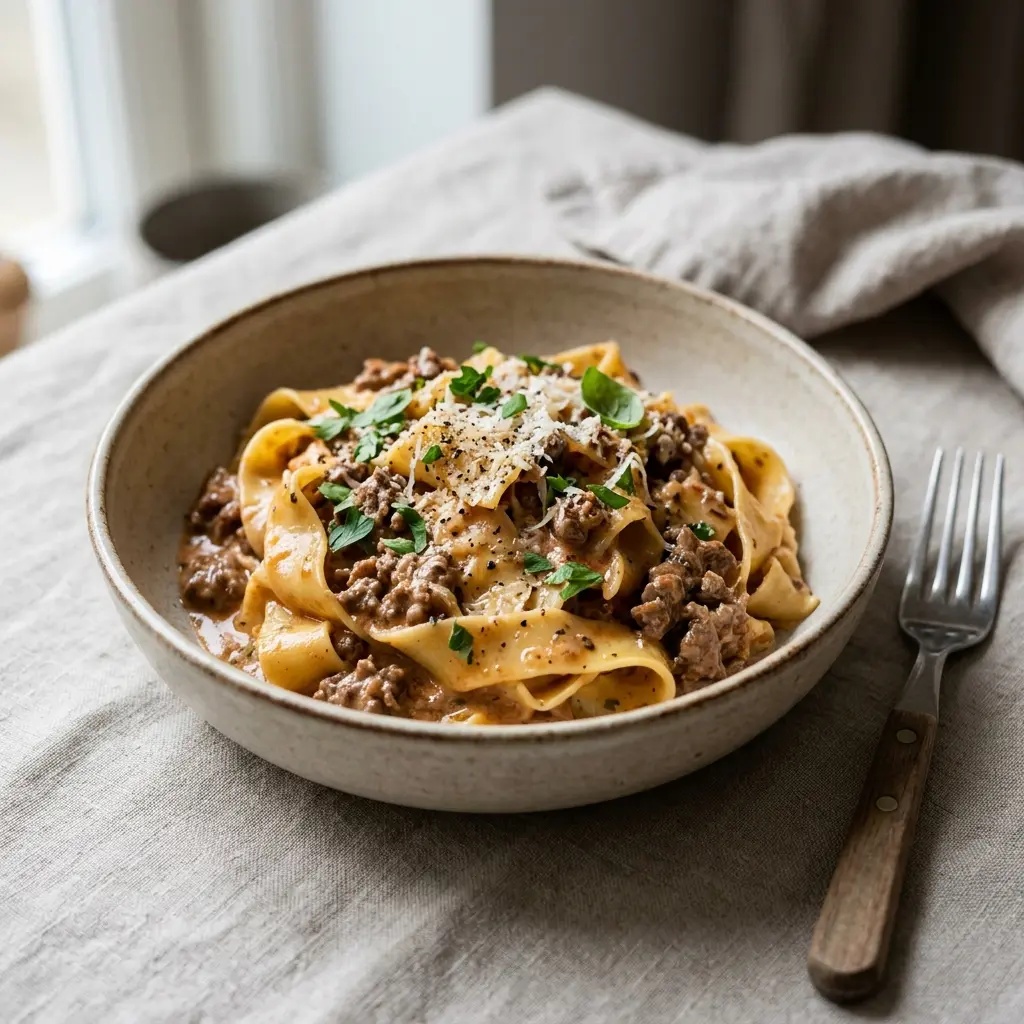 牛ひき肉とクリームのパスタの完成料理写真